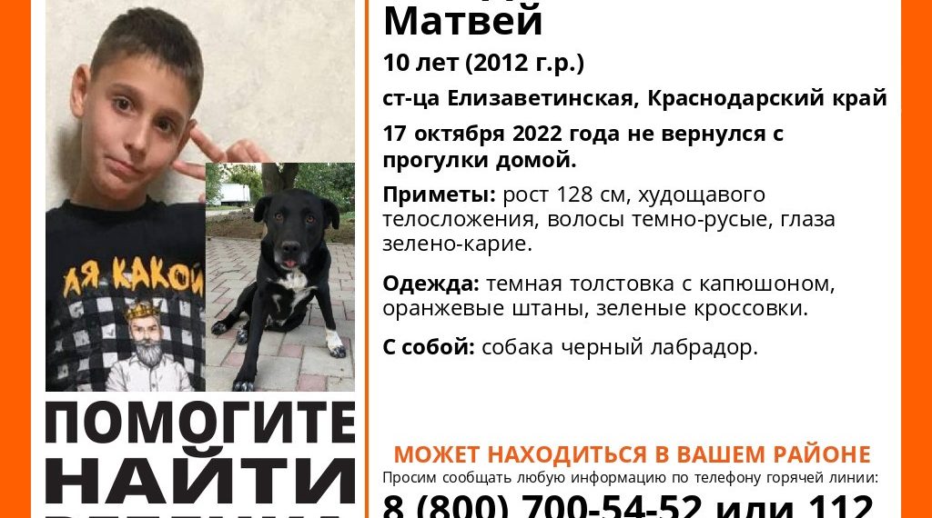 В Краснодаре пропал не вернувшийся с прогулки с черным лабрадором 10-летний ребенок