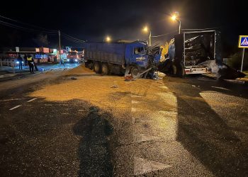 На Кубани столкнулись и загорелись два грузовика: пострадал водитель