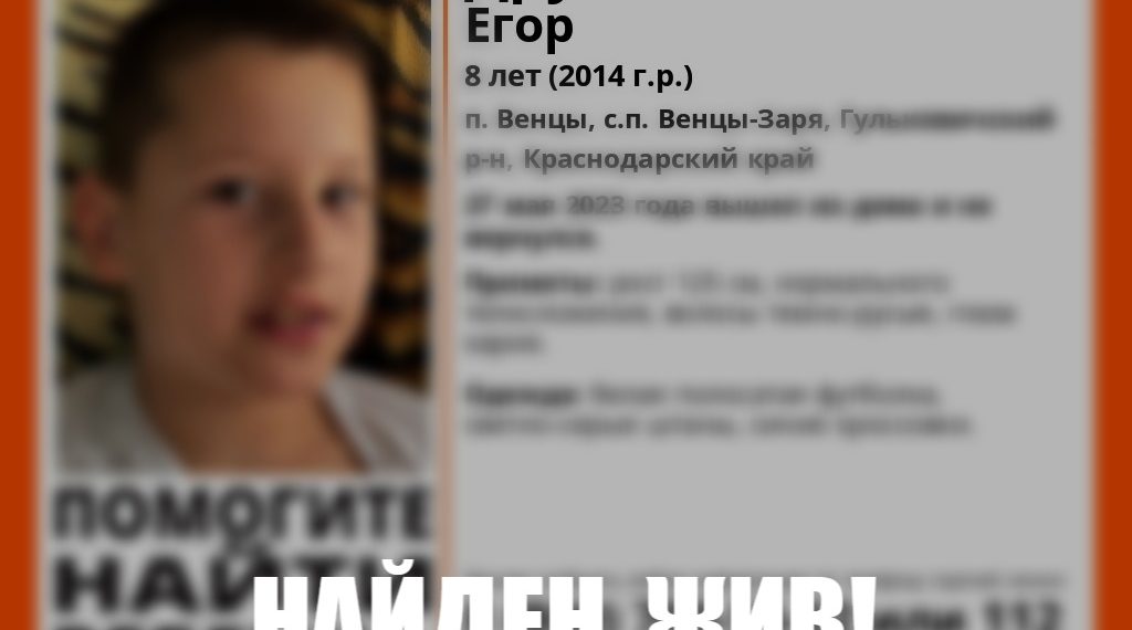 На Кубани нашли пропавшего 8-летнего ребенка с карими глазами