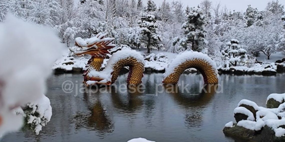 В Краснодаре засняли заснеженного дракона в парке Галицкого