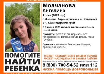 В Крымском районе Кубани разыскивают пропавшую 11-летнюю Ангелину Молчанову