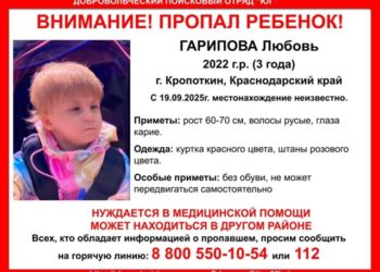 На Кубани пропала трехлетняя девочка, которая не может сама передвигаться