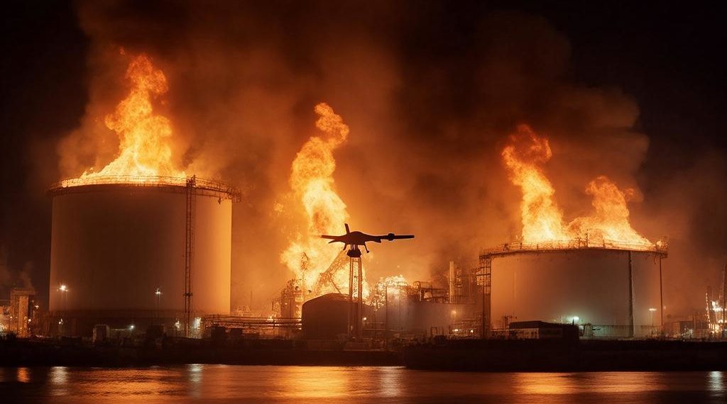 Из-за БПЛА в порту Темрюка на площади 2 тыс. кв. м горят 2 резервуара с нефтью