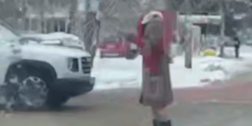 В Краснодаре регулировщица в новогодней мишуре командовала движением