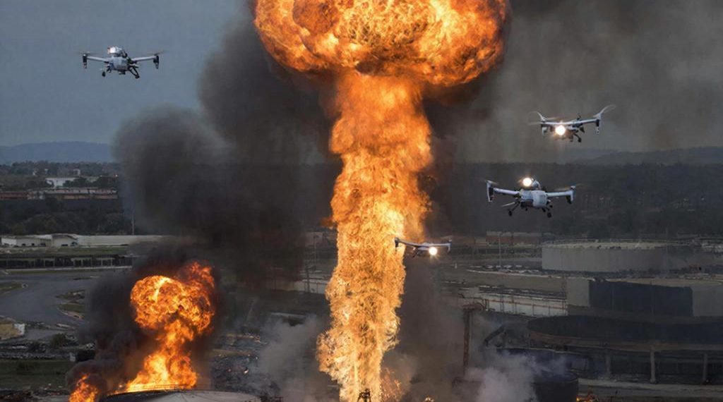 Нефтебаза вспыхнула в Крымске после падения обломков беспилотников