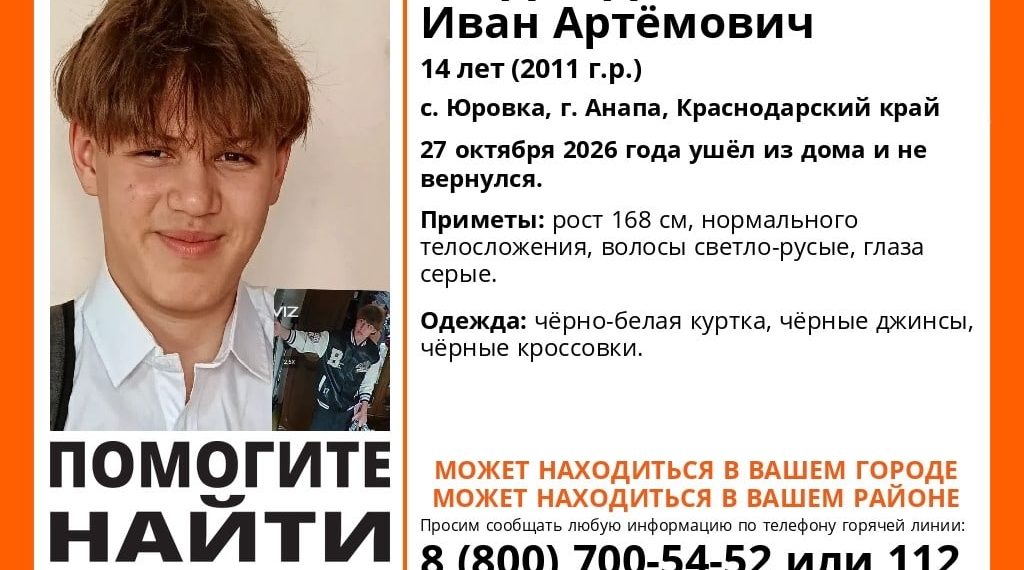 В селе Анапы с 27 октября разыскивают 14-летнего Ивана Медведева